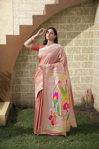 Maroon paithani peacock floral and geometric motifs woven with zari saree