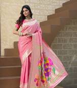 Pink paithani peacock floral and geometric motifs woven with zari saree