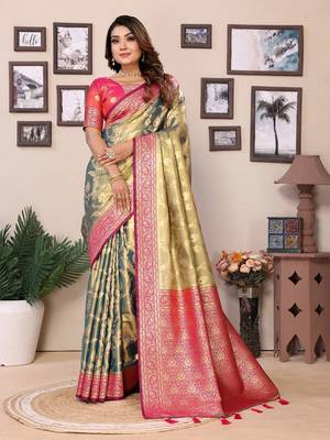 Parrot Green Banarasi Tissues Silk Sarees  1