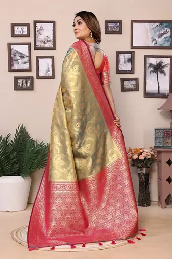 Parrot Green Banarasi Tissues Silk Sarees 
