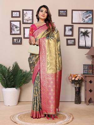 Parrot Green Banarasi Tissues Silk Sarees  5