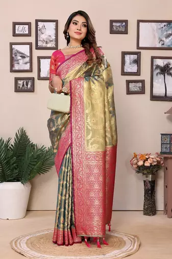 Parrot Green Banarasi Tissues Silk Sarees 