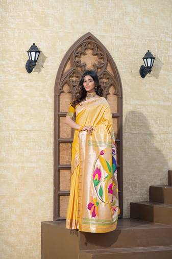 Yellow paithani geometric motifs woven with zari saree