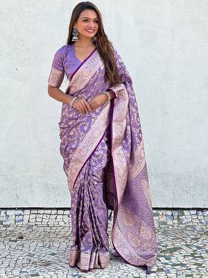Purple zari woven Banarasi silk blend saree with unstitched blouse piece 1