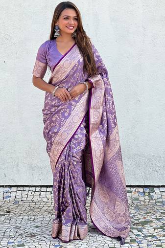 Purple zari woven Banarasi silk blend saree with unstitched blouse piece