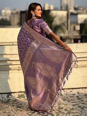 Purple zari woven Banarasi silk blend saree with unstitched blouse piece 2