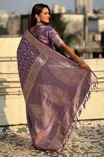 Purple zari woven Banarasi silk blend saree with unstitched blouse piece