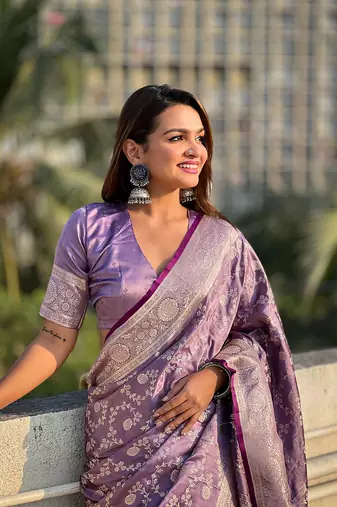 Purple zari woven Banarasi silk blend saree with unstitched blouse piece