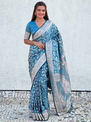Blue zari woven Banarasi silk blend saree with unstitched blouse piece 1