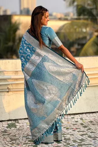 Blue zari woven Banarasi silk blend saree with unstitched blouse piece