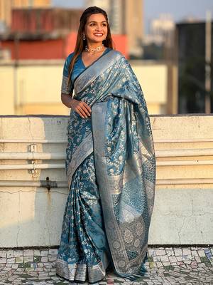 Blue zari woven Banarasi silk blend saree with unstitched blouse piece 3