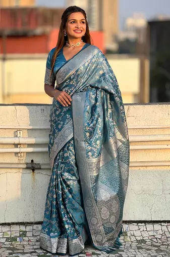 Blue zari woven Banarasi silk blend saree with unstitched blouse piece