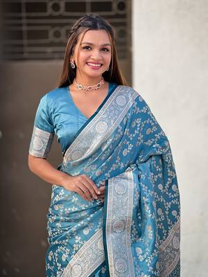 Blue zari woven Banarasi silk blend saree with unstitched blouse piece 4
