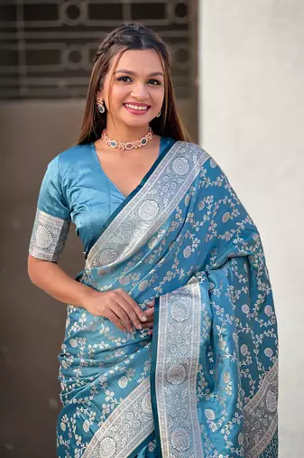 Blue zari woven Banarasi silk blend saree with unstitched blouse piece