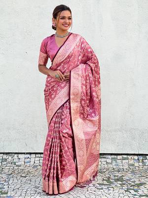 Pink zari woven Banarasi silk blend saree with unstitched blouse piece 1