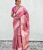 Pink zari woven Banarasi silk blend saree with unstitched blouse piece