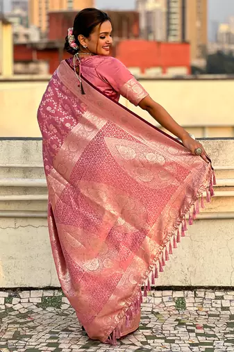 Pink zari woven Banarasi silk blend saree with unstitched blouse piece