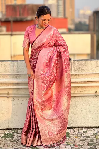 Pink zari woven Banarasi silk blend saree with unstitched blouse piece