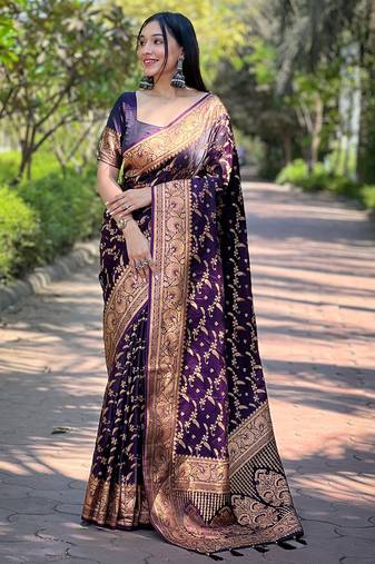 Purple zari woven Banarasi silk blend women's saree with blouse piece