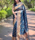 Blue zari woven Banarasi silk blend women's saree with blouse piece
