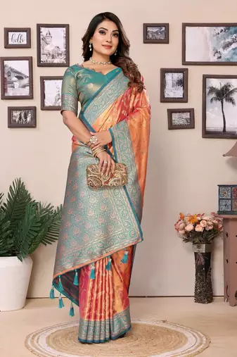 Orange Banarasi Tissues Silk Sarees 
