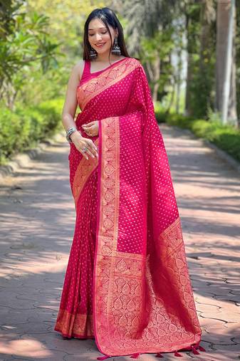 Pink zari woven Banarasi silk blend women's saree with blouse piece