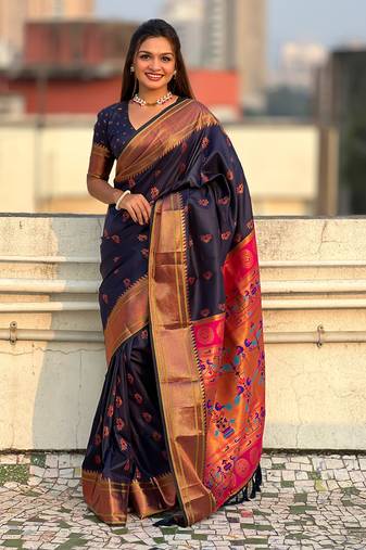 Navy blue paithani silk saree with unstitched blouse piece