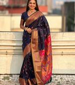 Navy blue paithani silk saree with unstitched blouse piece