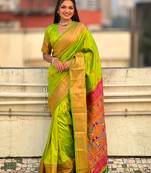 Green paithani silk saree with unstitched blouse piece