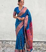 Teal paithani silk saree with unstitched blouse piece