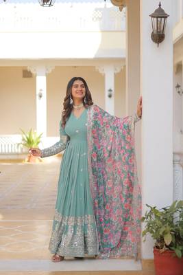 Sea Green Georgette Embroidered Long Kurti Set with Multicolour Dupatta 3