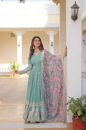 Sea Green Georgette Embroidered Long Kurti Set with Multicolour Dupatta