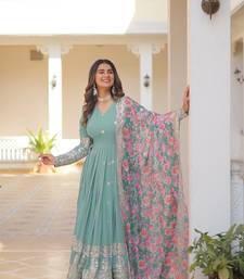 Sea Green Georgette Embroidered Long Kurti Set with Multicolour Dupatta