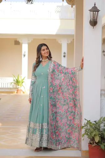 Sea Green Georgette Embroidered Long Kurti Set with Multicolour Dupatta
