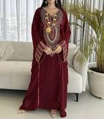 Burgundy Kaftan Handcrafted Zari Stone Bedded Work Stitched Party Wear Wedding Dresses