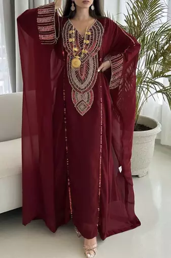 Burgundy Kaftan Handcrafted Zari Stone Bedded Work Stitched Party Wear Wedding Dresses 