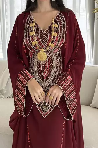 Burgundy Kaftan Handcrafted Zari Stone Bedded Work Stitched Party Wear Wedding Dresses 