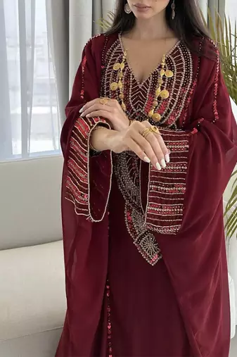 Burgundy Kaftan Handcrafted Zari Stone Bedded Work Stitched Party Wear Wedding Dresses 