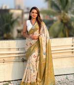 Green zari woven tussar silk saree with unstitched blouse piece