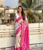 Pink zari woven tussar silk saree with unstitched blouse piece