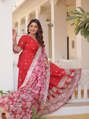 RED GEORGETTE EMBROIDERY WORK STICHED SUIT SET 3