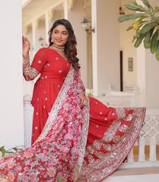 RED GEORGETTE EMBROIDERY WORK STICHED SUIT SET