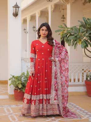 RED GEORGETTE EMBROIDERY WORK STICHED SUIT SET 4