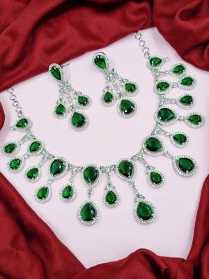 Silver plated & white cz-studded green colour jewellery set for women & girls. 1