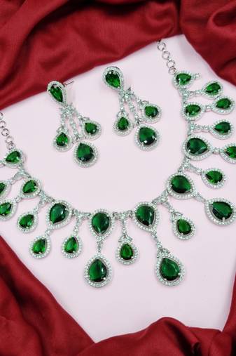Silver plated & white cz-studded green colour jewellery set for women & girls.