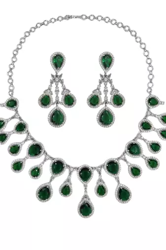 Silver plated & white cz-studded green colour jewellery set for women & girls.