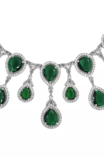 Silver plated & white cz-studded green colour jewellery set for women & girls.