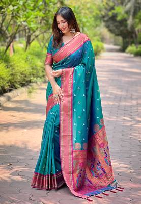 Teal zari woven silk women's saree with blouse piece 1