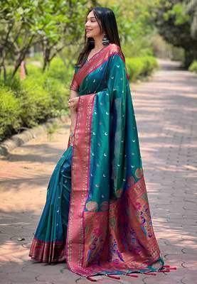 Teal zari woven silk women's saree with blouse piece 2