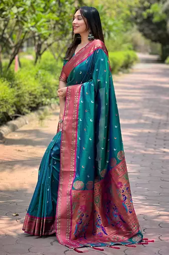 Teal zari woven silk women's saree with blouse piece
